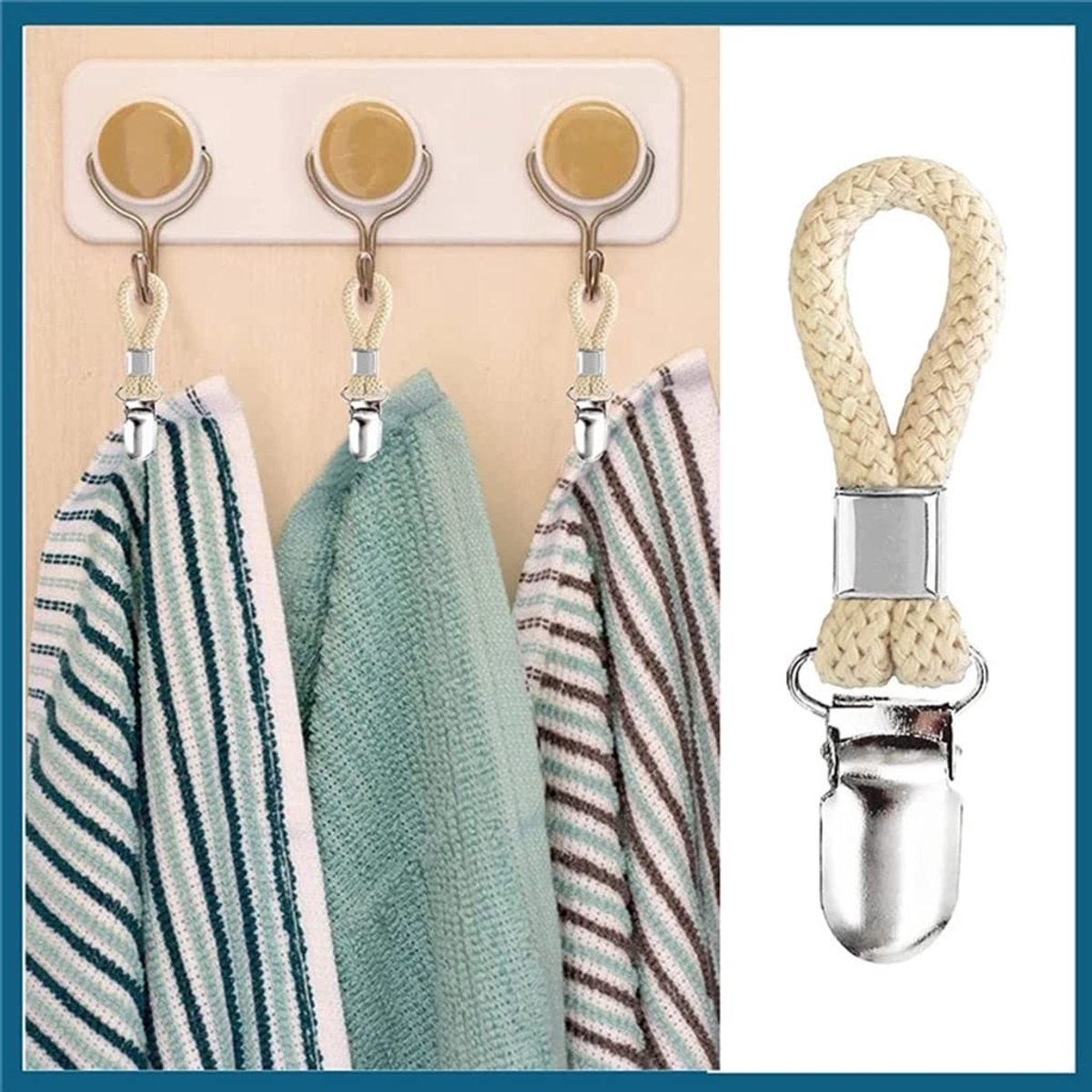 Set of 4 - Woven Cotton Ring, Metal Towel Clips - Hanging Ring and Storage Clips - Suitable for Home, Bedroom and Bathroom - Multifunctional