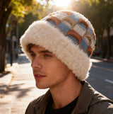 Winter Warm Knitted Hat - With Fleece Lining - Unisex - Suitable for Cold Weather（Beige） - Top-Down View