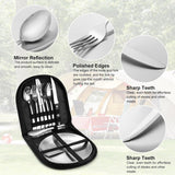 2 Person Cutlery Set (10-piece) - Camping Set for 2 People - Spoons, Knives, Forks, Steak Knives - 10 Pieces Stainless Steel Cutlery - Including Carrying Bag - For Picnic & Travel - Silver - Front View