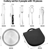 2 Person Cutlery Set (10-piece) - Camping Set for 2 People - Spoons, Knives, Forks, Steak Knives - 10 Pieces Stainless Steel Cutlery - Including Carrying Bag - For Picnic & Travel - Silver - Rear View