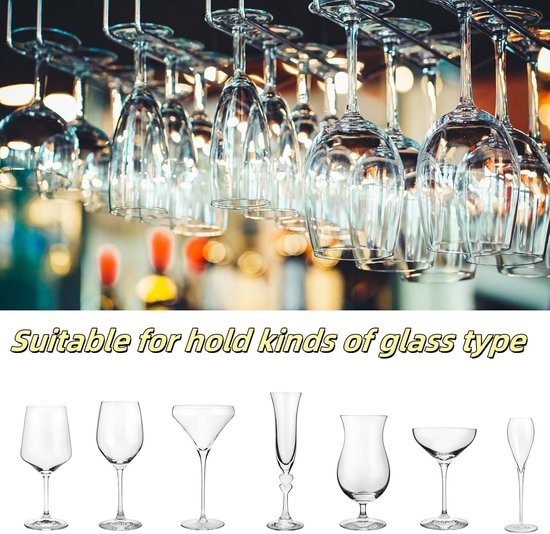 Hanging Wine Glass Rack - Set of Six - Inverted Wine Glass Holder - Organizer and Storage Rack for Mugs and Glassware - For Kitchen and Home Use