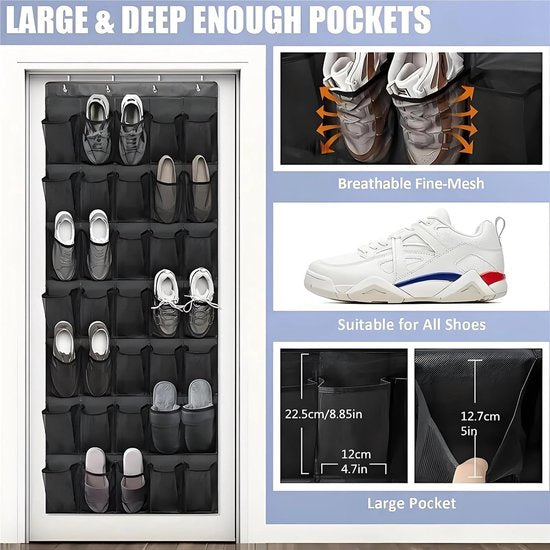 Shoe rack with 24 compartments - Made of sturdy and durable Oxford cloth - Can be hung on a door - Suitable for wardrobes with mesh walls - White