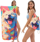 2-in-1 foldable beach towel - printed bath towel - all-in-one beach towel - integrated bag - storage space
