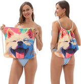 2-in-1 foldable beach towel - printed bath towel - all-in-one beach towel - integrated bag - storage space