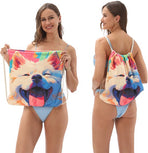 2-in-1 foldable beach towel - printed bath towel - all-in-one beach towel - integrated bag - storage space