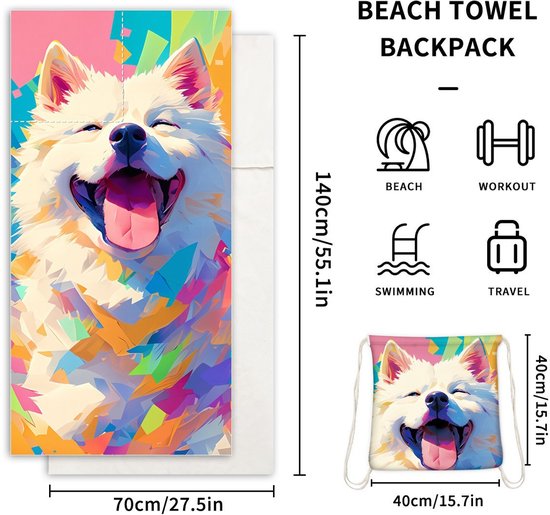 2-in-1 foldable beach towel - printed bath towel - all-in-one beach towel - integrated bag - storage space
