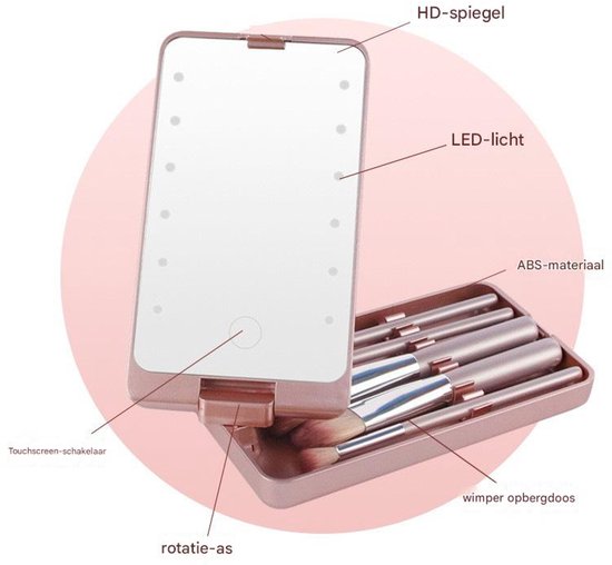 LED Makeup Mirror - Lighted Mirror - Set of 5 Makeup Brushes - Makeup Brush Storage Box - Cover - Dustproof - Black
