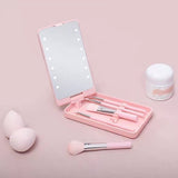 LED Makeup Mirror - Lighted Makeup Mirror - Set of 5 Makeup Brushes - Brush Storage - Cover - Dustproof - Pink - Side View