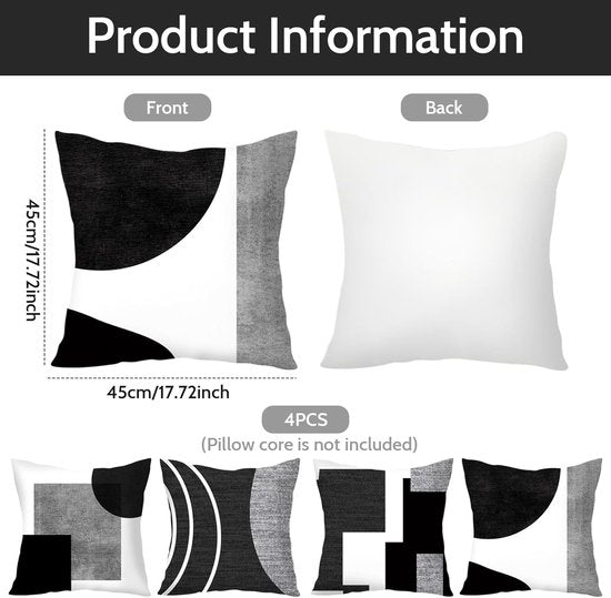 Pillowcase - 4-pack - Pillowcases with abstract geometric pattern - 45x45 cm - Pillowcases with zipper - Black and white pillowcases (pillow insert not included)