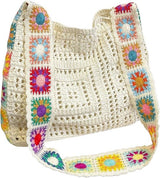 Women's shoulder bag - Embroidered bag - Handmade crocheted fabric bag - Colorful patterns - Perfect for shopping and holidays - White
