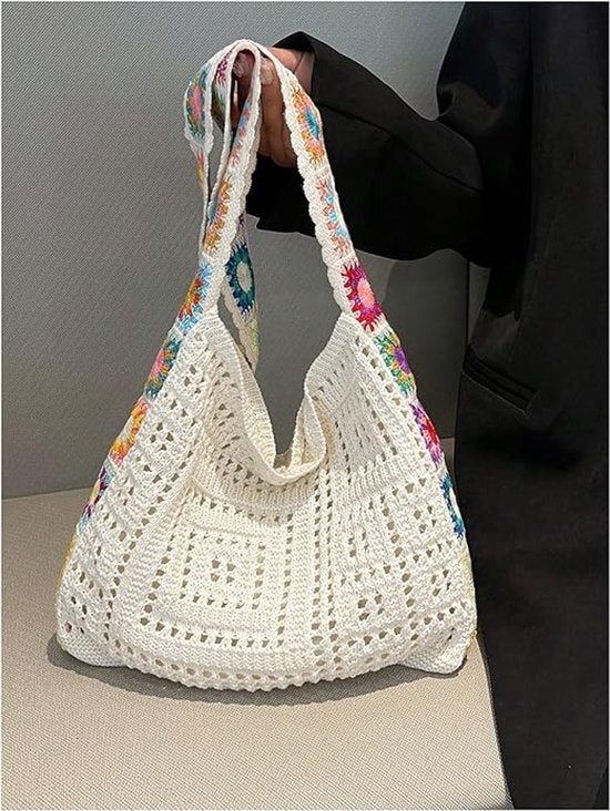 Women's shoulder bag - Embroidered bag - Handmade crocheted fabric bag - Colorful patterns - Perfect for shopping and holidays - White