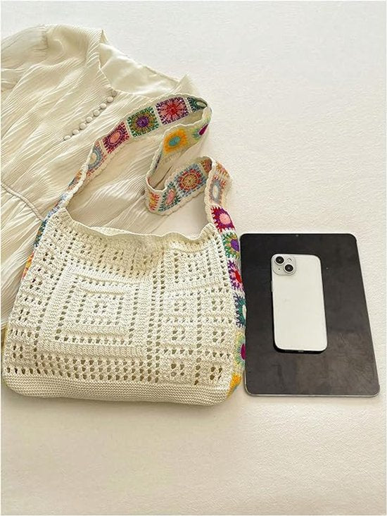 Women's shoulder bag - Embroidered bag - Handmade crocheted fabric bag - Colorful patterns - Perfect for shopping and holidays - White