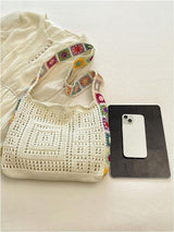Women's shoulder bag - Embroidered bag - Handmade crocheted fabric bag - Colorful patterns - Perfect for shopping and holidays - White