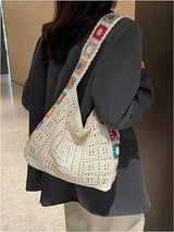 Women's shoulder bag - Embroidered bag - Handmade crocheted fabric bag - Colorful patterns - Perfect for shopping and holidays - White