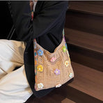 Women's shoulder bag - Embroidered bag - Handmade crocheted fabric bag - Colorful patterns - Perfect for shopping and holidays - Khaki