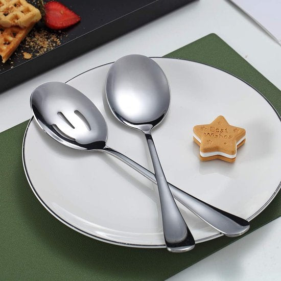 Spoons - 4-piece set - Stainless steel salad spoons - Includes 2 serving spoons and 2 skimmers - Suitable for desserts and coffee