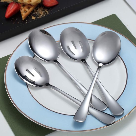 Spoons - 4-piece set - Stainless steel salad spoons - Includes 2 serving spoons and 2 skimmers - Suitable for desserts and coffee