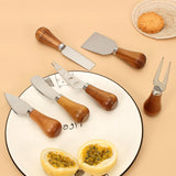 Cheese Knives Set – Portable for Picnic, 4.9 Inches with Wooden Handle, Silver, Set of 6 - Front View