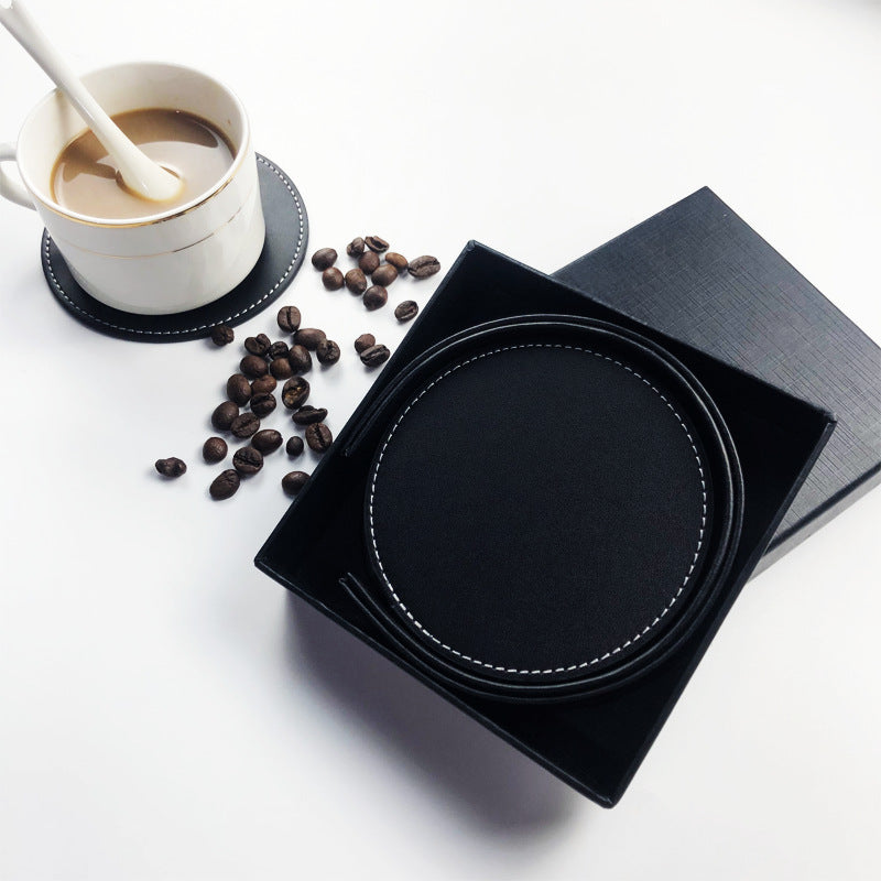Coaster set - Leather coaster set with storage box - Black - 5 pieces