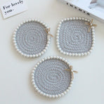 Coasters - Pearl Decoration - Cotton Rope - Hand-woven - Thick and Absorbent - Insulated and Heat-Resistant - Round - 3-Pack