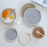 Coasters - Pearl Decoration - Cotton Rope - Hand-woven - Thick and Absorbent - Insulated and Heat-Resistant - Round - 3-Pack - Front View