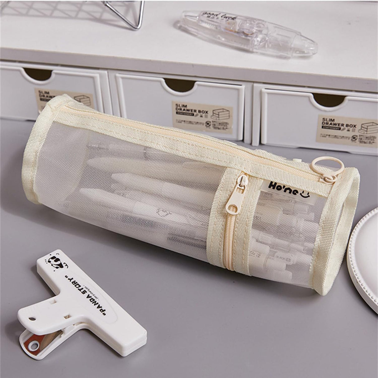 Pencil Case Pen Holder Transparent Large Capacity Off White 1 Piece