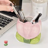 Storage Box - Cute Desk Ornaments - Ceramic Storage Bucket - Pink Tulip - 1 Pack