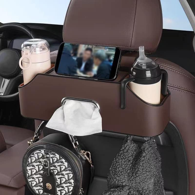 PU Leather Car Headrest Storage Organizer with Hook and Tissue Holder, Back Seat Accessory for Bags and Travel Items, Brown