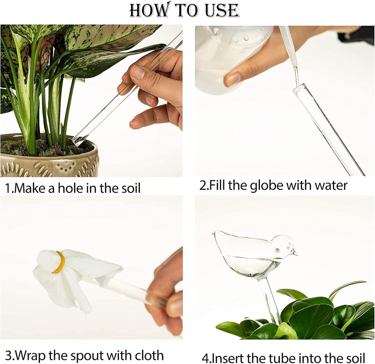 Self-watering globes, bird-shaped plant watering device, hand-blown, clear glass globe for indoor and outdoor plants, pack of 2