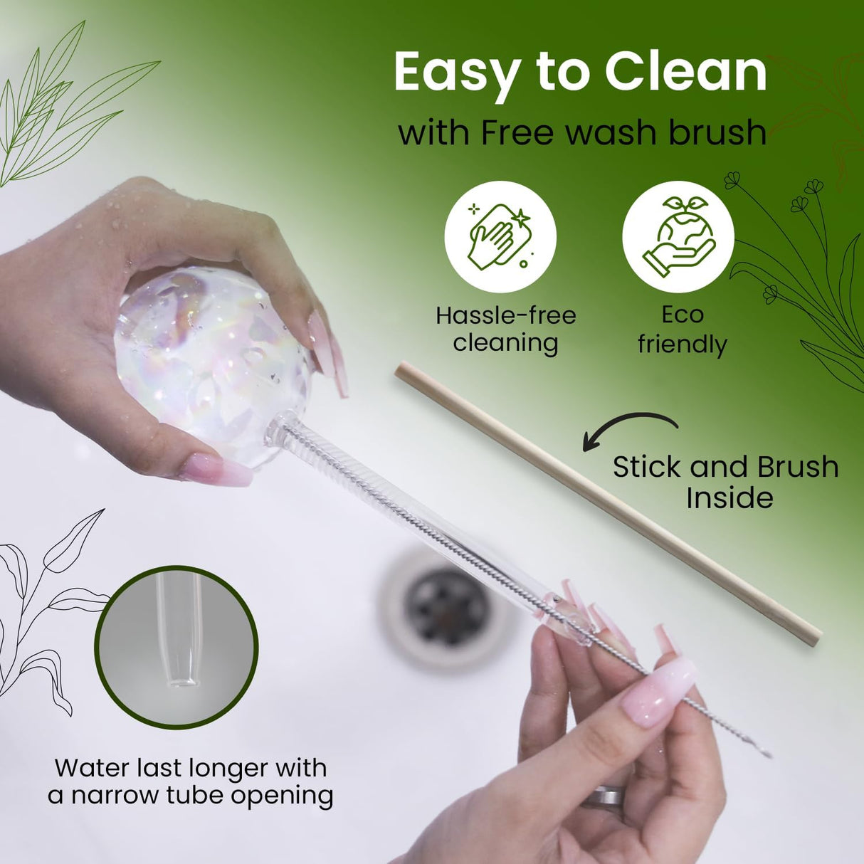 Iridescent self-watering balls, glass rainbow plant watering balls, self-watering planter insert, automatic indoor plant watering, plant watering devices, plant watering balls, watering ball