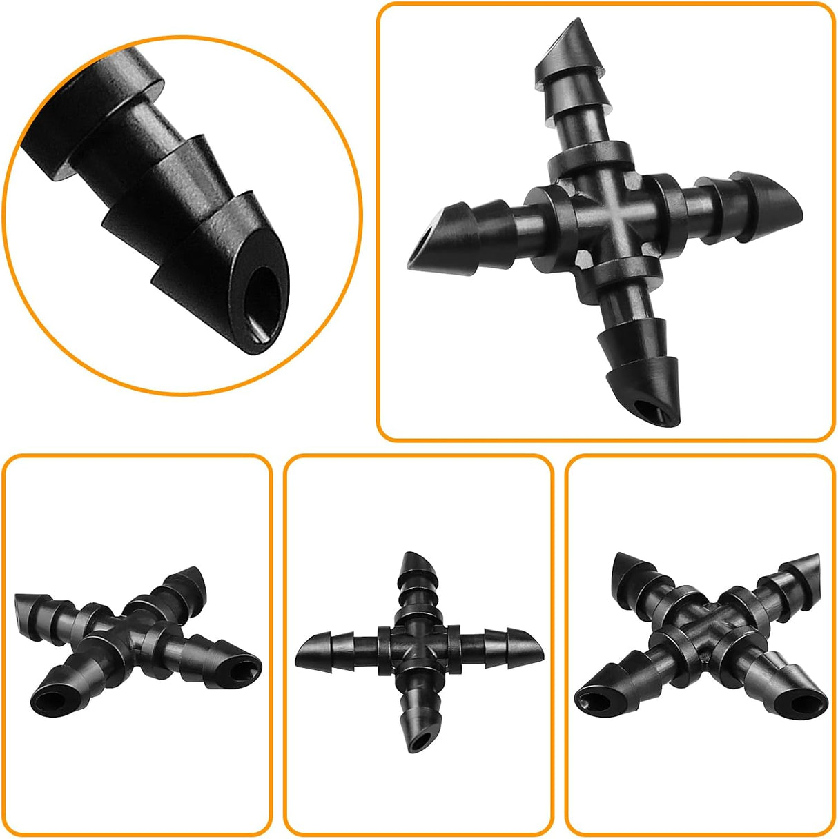 1/4" Drip Irrigation Universal Fittings, 45 Pieces Barbed 4-Way Cross Irrigation Fittings for 1/4 Inch Drip Hose, 4-Way Tee Fittings for Drip Hoses and T-Fittings for Sprinklers, Garden and Lawn