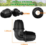 Drip Irrigation Fittings 1/4 Inch, Pack of 25 Barb Locking Elbows for 1/4 Inch Hoses, Drip Line Parts, Irrigation Connectors with Locking Nut for Drip Sprinklers, Garden and Lawn Watering Systems, Black - Front View