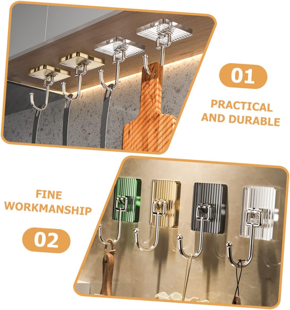 4 Pack Self-Adhesive Metal Wall Hooks, No-Drill Towel, Coat and Bag Hooks for Kitchen, Bathroom and Bedroom, Assorted Colours