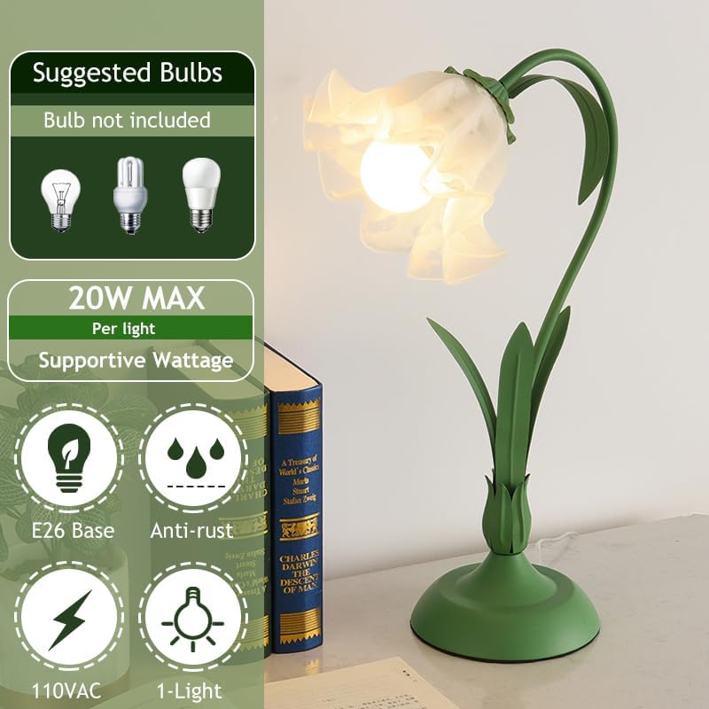 Green glass table lamp, flower table lamp, modern flower shape, metal top with glass lampshade, bedside table, desk lamp for bedroom, girl's room, living room, bedroom, office (green)