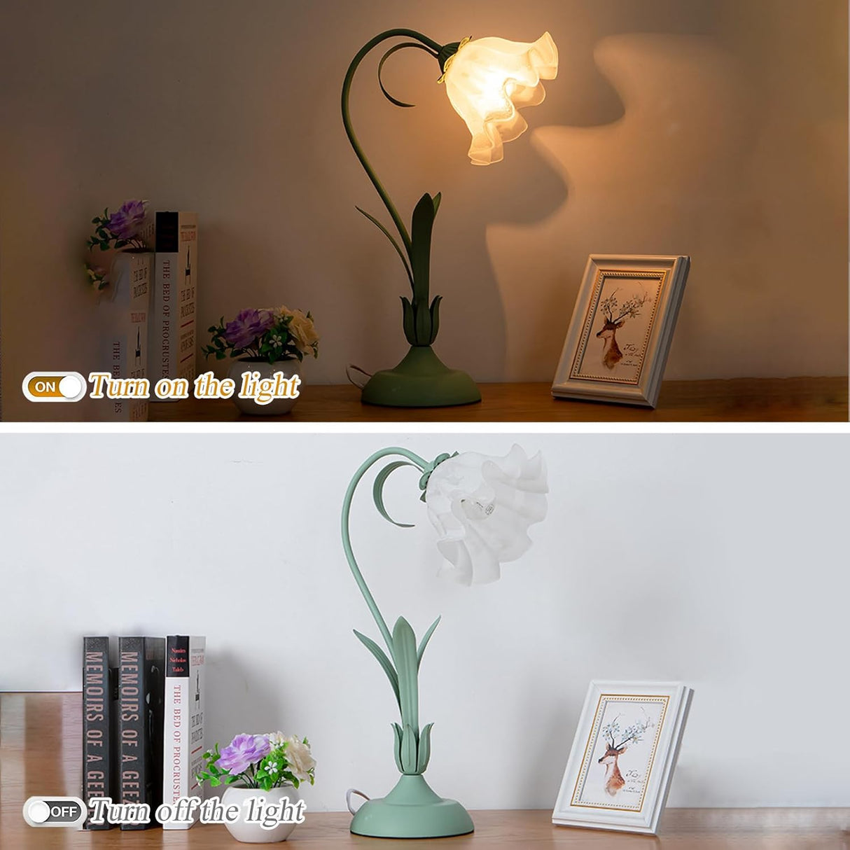 Green glass table lamp, flower table lamp, modern flower shape, metal top with glass lampshade, bedside table, desk lamp for bedroom, girl's room, living room, bedroom, office (green)