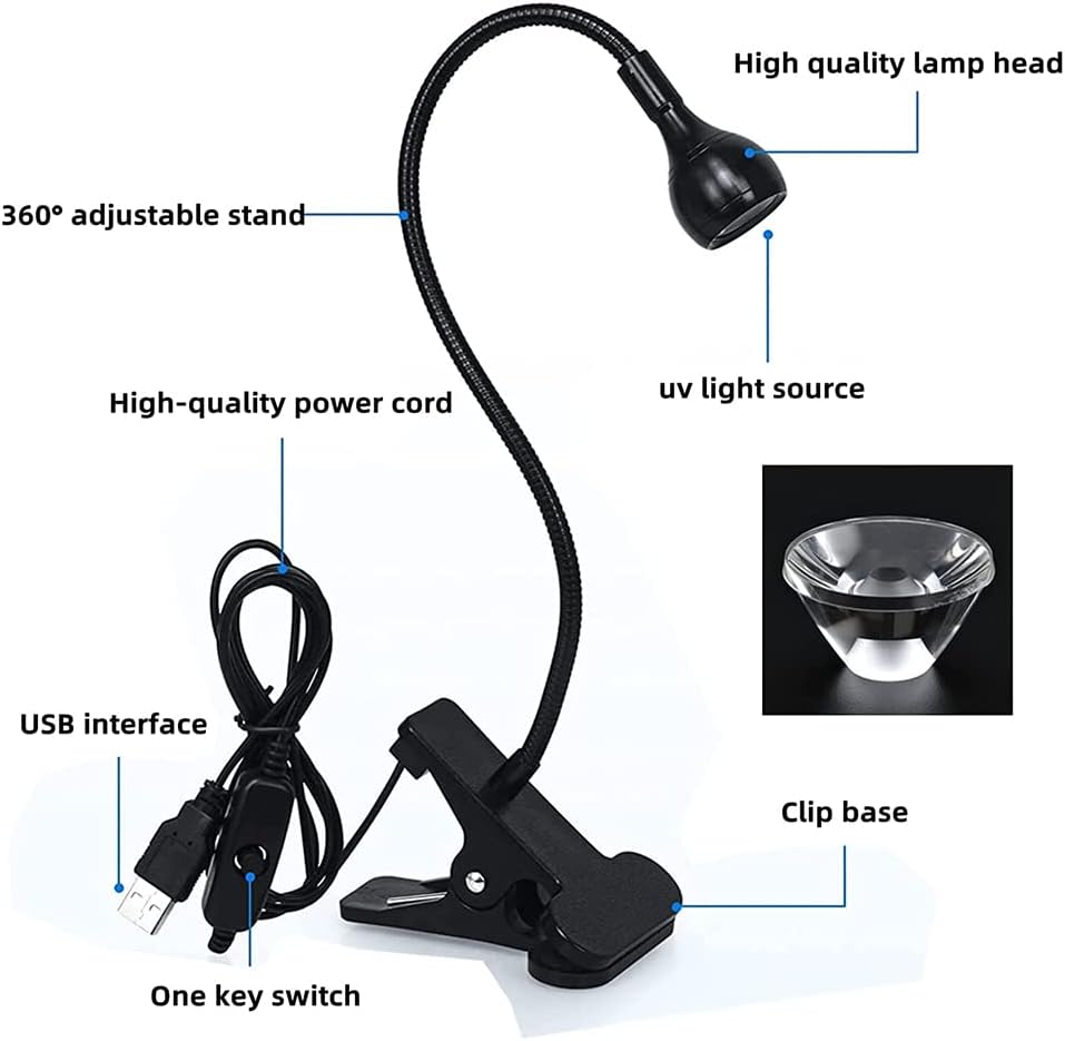 Mini UV Lamp for Gel Nails, LED Curing Lamp with Flexible Gooseneck and Clamp, 3W Portable Small Manicure UV Lamp, Nail Dryer for Curing Resin Nail Art.
