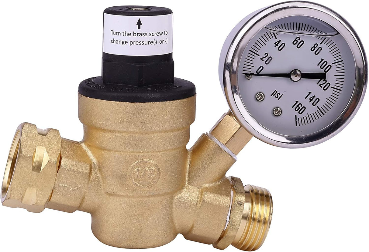 RV Water Pressure Regulator with Gauge Adjustable 3/4" Hose Valve - RV Water Pressure Regulator with Gauge - RV Camper Water Pressure Regulator, Trucks, Trailers - Trailer Water Pressure Gauge