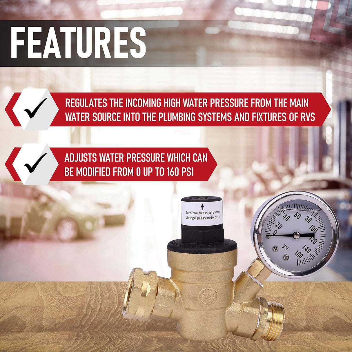 RV Water Pressure Regulator with Gauge Adjustable 3/4" Hose Valve - RV Water Pressure Regulator with Gauge - RV Camper Water Pressure Regulator, Trucks, Trailers - Trailer Water Pressure Gauge