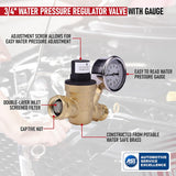 RV Water Pressure Regulator with Gauge Adjustable 3/4" Hose Valve - RV Water Pressure Regulator with Gauge - RV Camper Water Pressure Regulator, Trucks, Trailers - Trailer Water Pressure Gauge