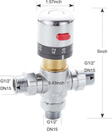 3-way thermostatic water mixer DN15, temperature control hot and cold, G1/2 NPS male connections, anti-scald temperature mixers for bathroom, under-sink taps, shower, bath, bidet (chrome) - Front View