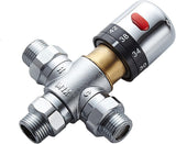 3-way thermostatic water mixer DN15, temperature control hot and cold, G1/2 NPS male connections, anti-scald temperature mixers for bathroom, under-sink taps, shower, bath, bidet (chrome) - Side View