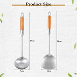 2 Pieces Stainless Steel Kitchen Utensil Set, 304 Stainless Steel Wok Spatula and Soup Ladle Set with Long Heat-Resistant Wooden Handle - Front View