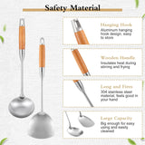 2 Pieces Stainless Steel Kitchen Utensil Set, 304 Stainless Steel Wok Spatula and Soup Ladle Set with Long Heat-Resistant Wooden Handle - Side View