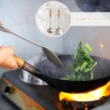 2 Pieces Stainless Steel Kitchen Utensil Set, 304 Stainless Steel Wok Spatula and Soup Ladle Set with Long Heat-Resistant Wooden Handle - Top-Down View