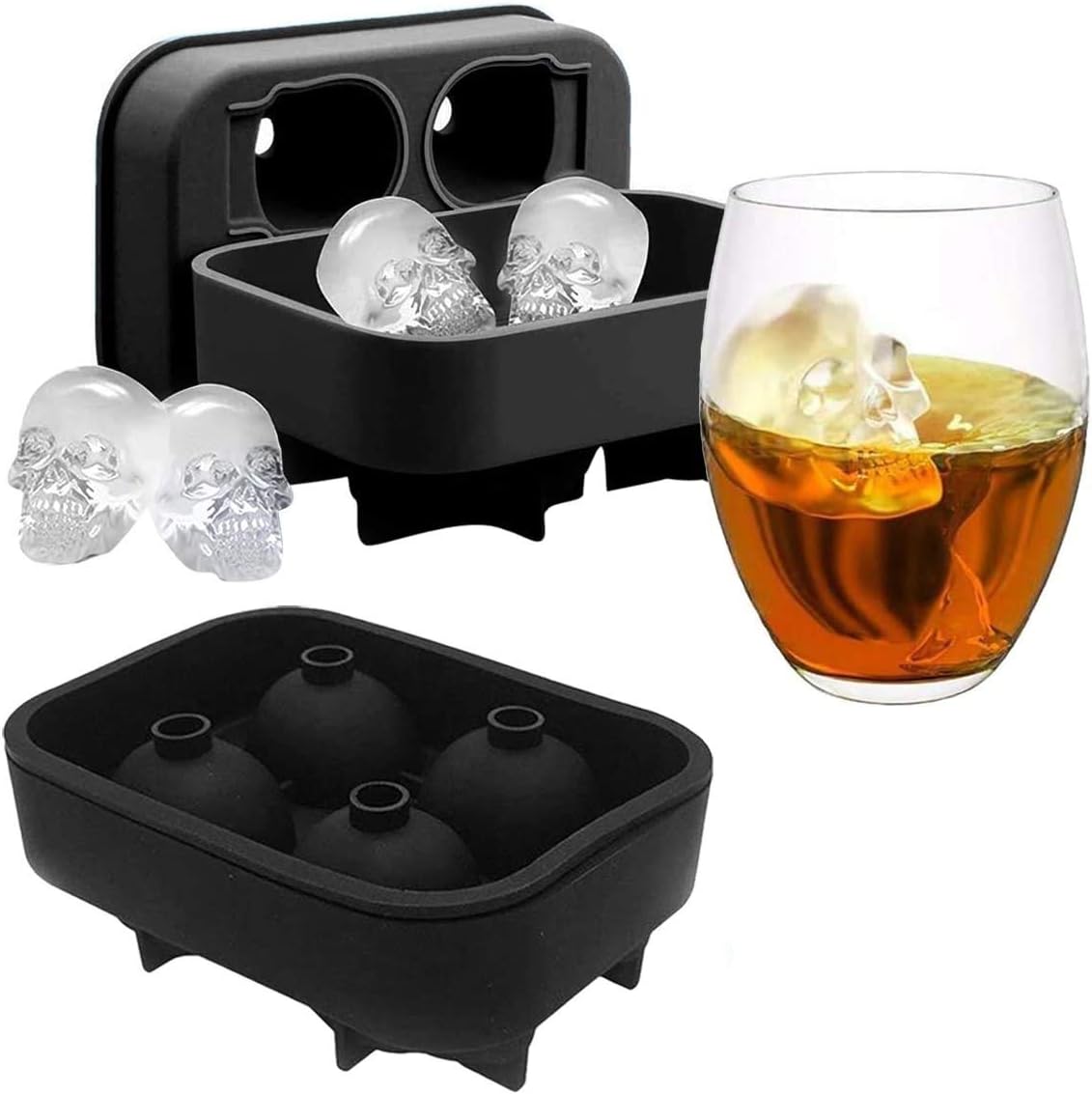 4 skulls - ice cubes - silicone ice cube maker - for home - kitchen - bar accessories - drinks - random color - refrigerator