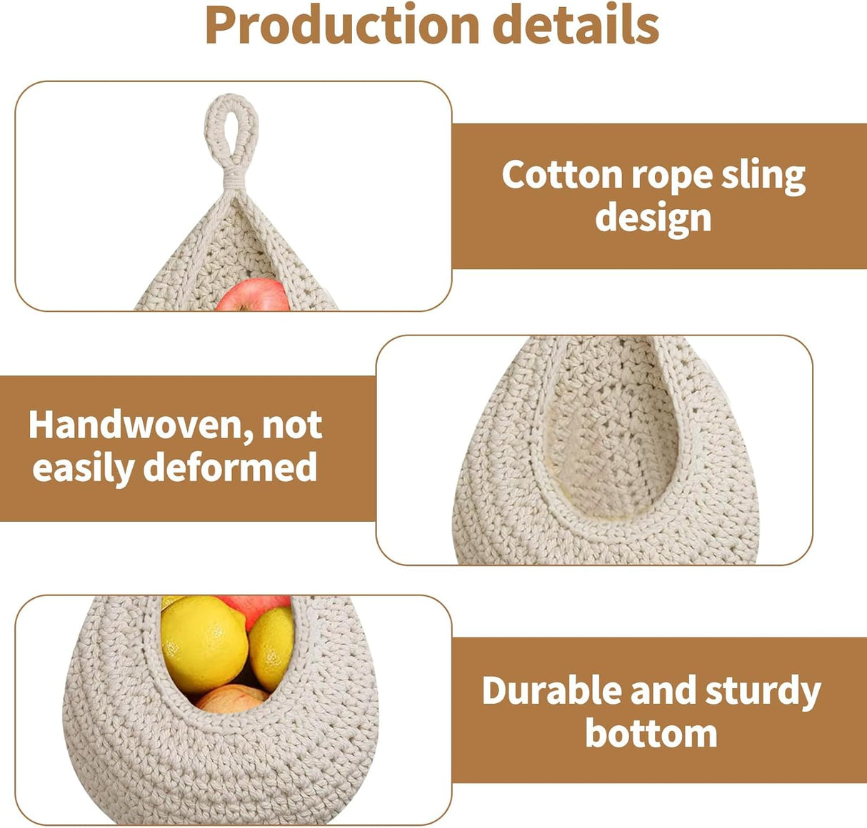 Hanging Storage Baskets - Set of 3 - For Kitchen and Bathroom - With Jute Design