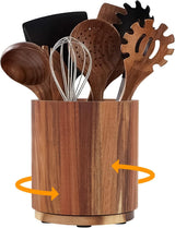 Kitchen Utensil Holder - Acacia Wood with 360 Degree Rotatable - Suitable for 15-20 Pieces - With Non-Slip Bottom - Round Organizer