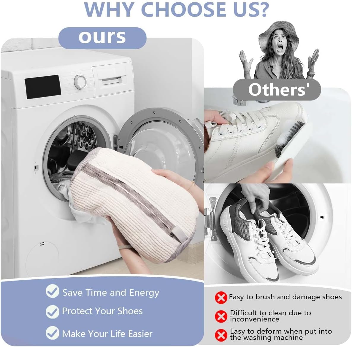Mesh Shoe Washing Bag with Hidden Zip and Protective Chenille Lining, Machine Washable Trainer Laundry Bag for Sneakers, White