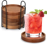 6 Pieces Best Wooden Coasters with Holder, Coffee Table Decor, Acacia Wood Coaster Set, Modern Drink Coaster, Dining Table, Kitchen Accessories, Cute Beer Bar, Decorative Rustic Coasters for Outdoors - Front View