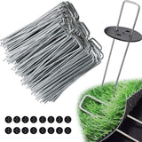 Weed Foil Spikes - U-shaped Ground Pegs - Garden - Artificial Grass - Ground Pegs, Tent, Heavy Metal - 100 pieces + 16 Buffer Rings